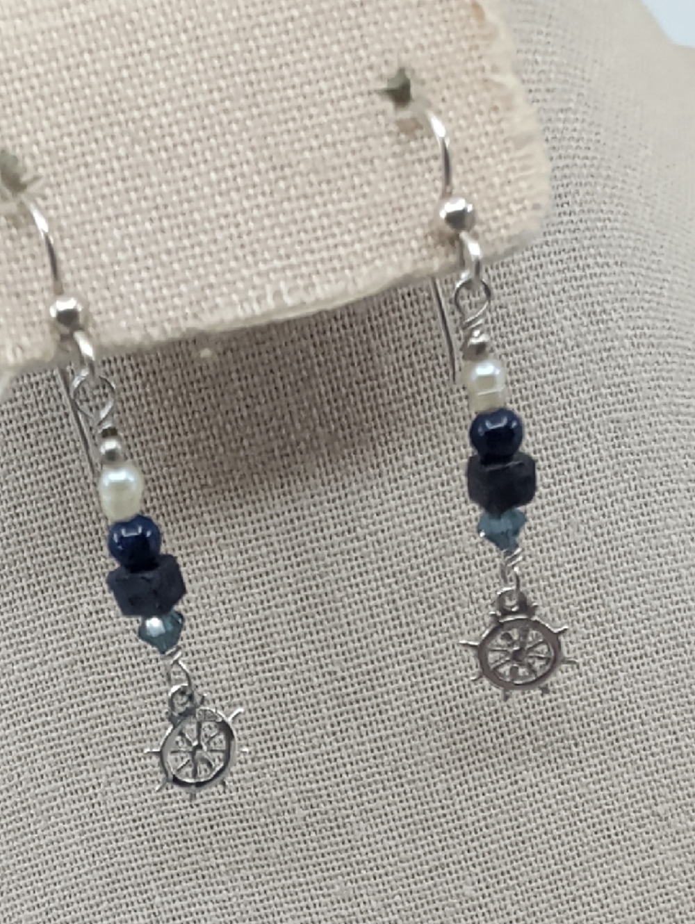 Sterling Silver Nautical Wheel Dangle Earrings with Navy and Pearl Beads - Picture 14 of 17